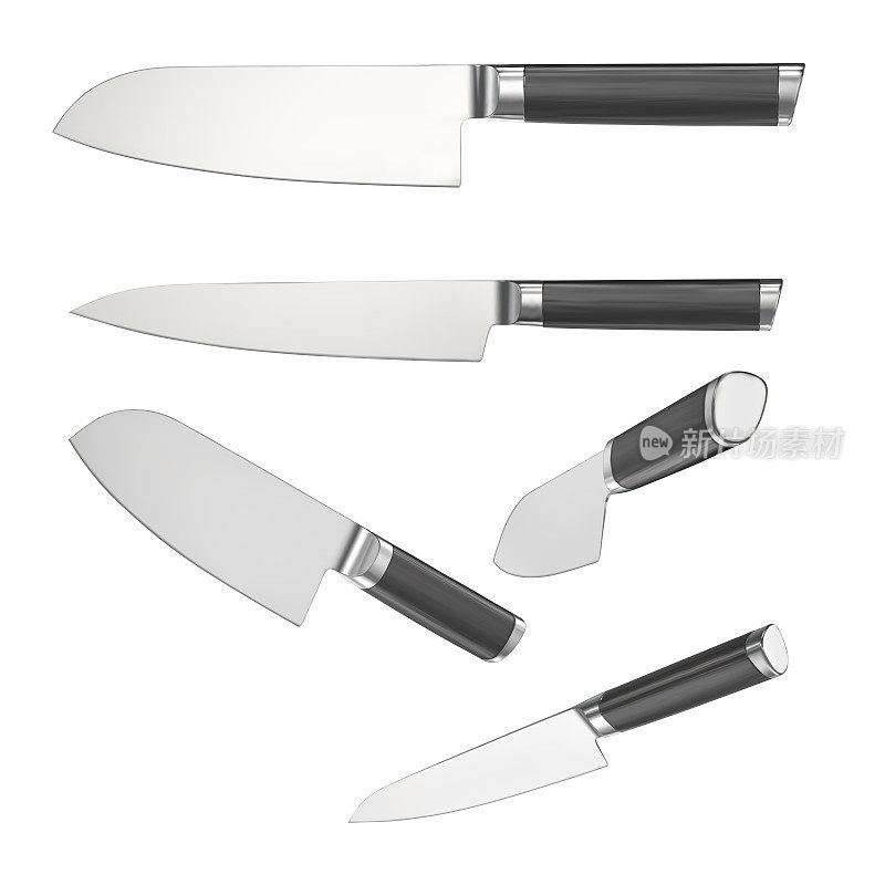 A set of vector kitchen knives from different angles. 3d realistic illustration isolated on white background. Kitchenware, kitchen tools.